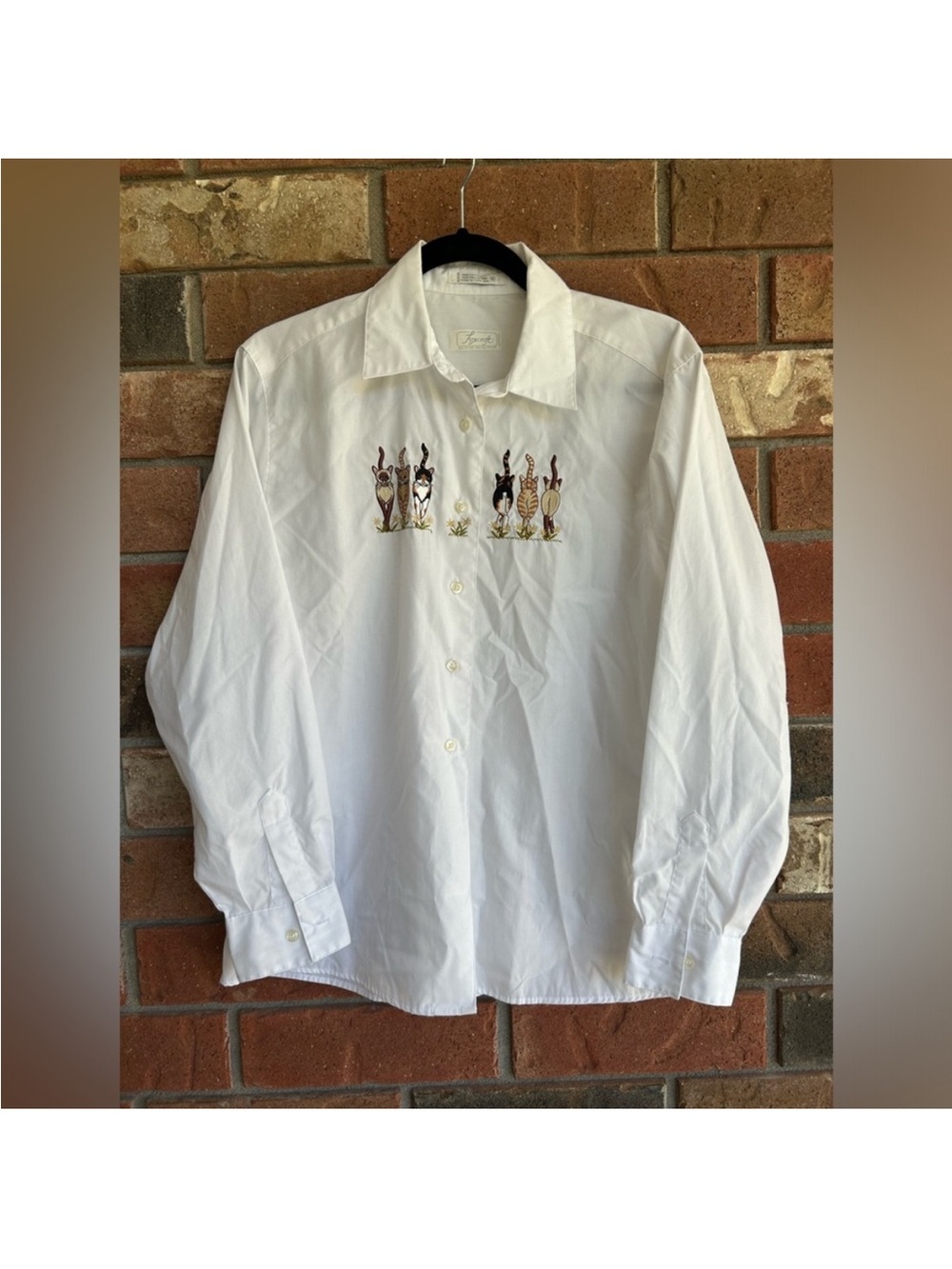 Foxcroft White Button-Down Shirt with Embroidered cats